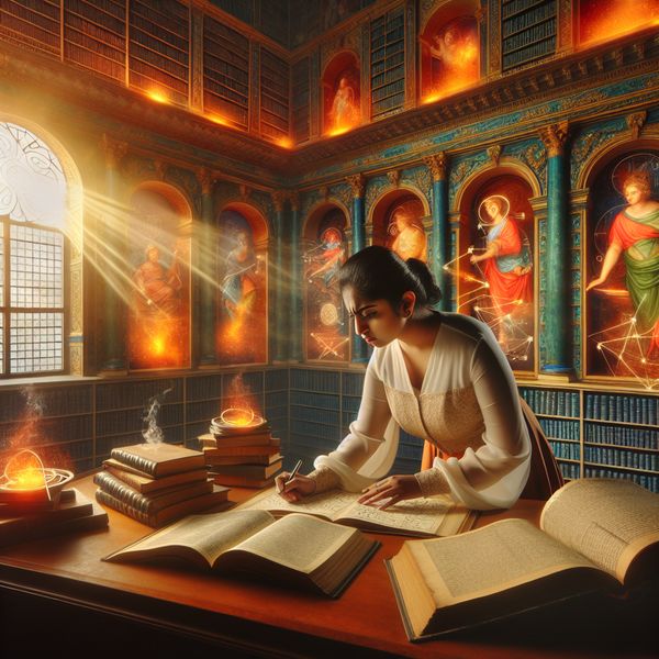 Een jonge vrouwelijke onderzoeker verzamelt gegevens in een goed verlichte studie, omringd door boeken en scrollen, terwijl warme gouden lichtstralen naar binnen vallen.