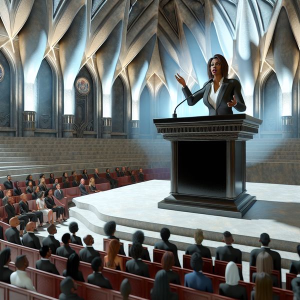 Een vrouwelijke spreker geeft een toespraak in een elegant conferentiegebouw met hoge plafonds en dramatische verlichting.
