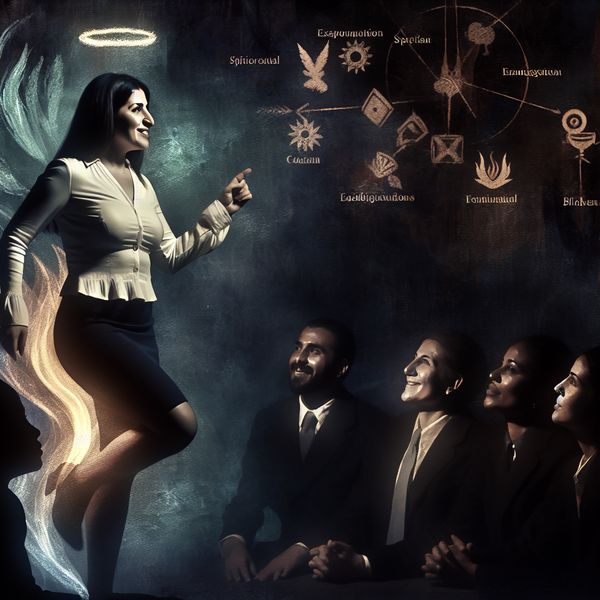 Vrouwelijke teamleider in een gothic sfeer Vrouw in gothic setting die zelfverzekerd de rol van teamleider aanneemt, omringd door haar aandachtige collega's