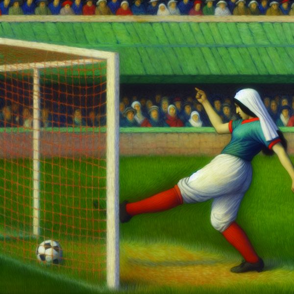 Vrouwelijke voetballer mist doelpunt met vastberadenheid Vrouwelijke voetballer in actie tijdens het missen van een doelpunt, met een geconcentreerde uitdrukking op haar gezicht.