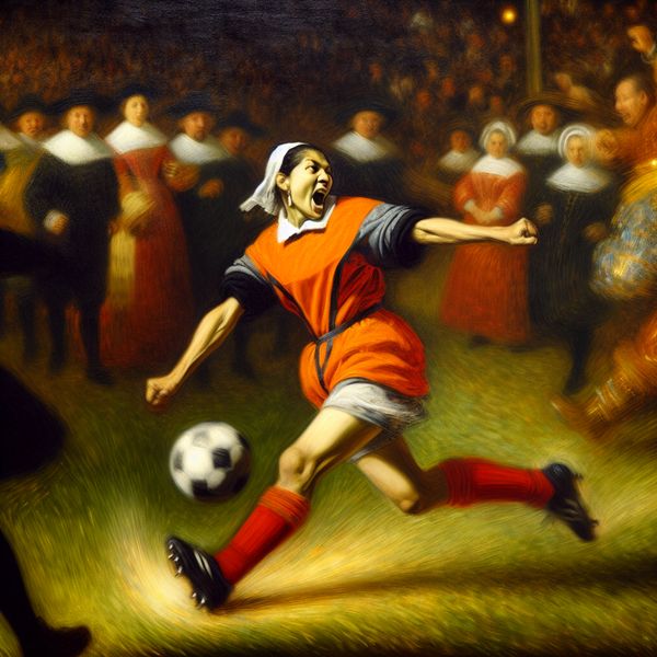 Vrouwelijke voetbalster scoort winnend doelpunt in kampioensfinale, geschilderd in levendige stijl van Frans Hals