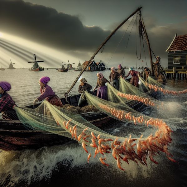Vrouwen vissen op een rustieke vissersboot bij zonsopgang, met een net vol kleurrijke garnalen