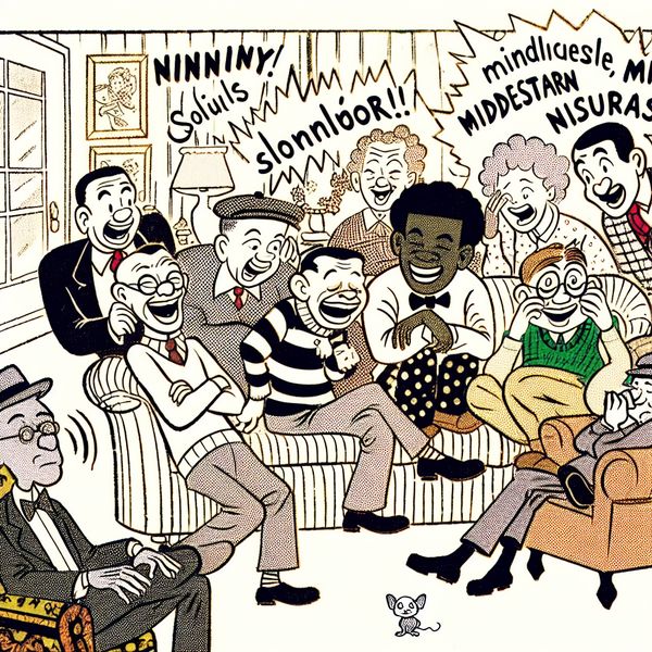 Een cartoon van vrienden in een woonkamer, met een lachende vriend en een andere die schrikt van een scheet, met kleurrijke geluidseffecten.