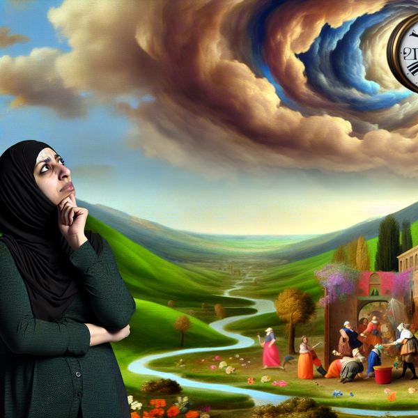 Dramatisch landschap met een vrouw die nadenkt over haar redenen om naar een festival te gaan, omringd door een groene vallei en een levendig festival in de verte.