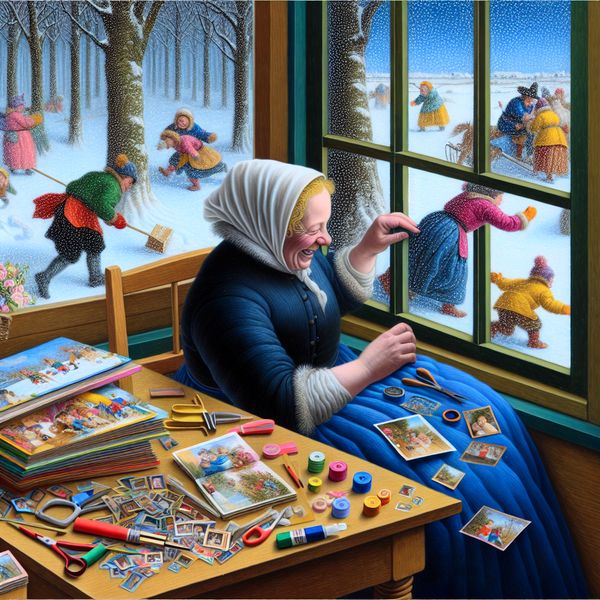 Vrouw scrapbooking jeugdherinneringen in winterse setting Vrouw die blij haar herinneringen ordent in een kleurrijk scrapboek, met sneeuw buiten het raam