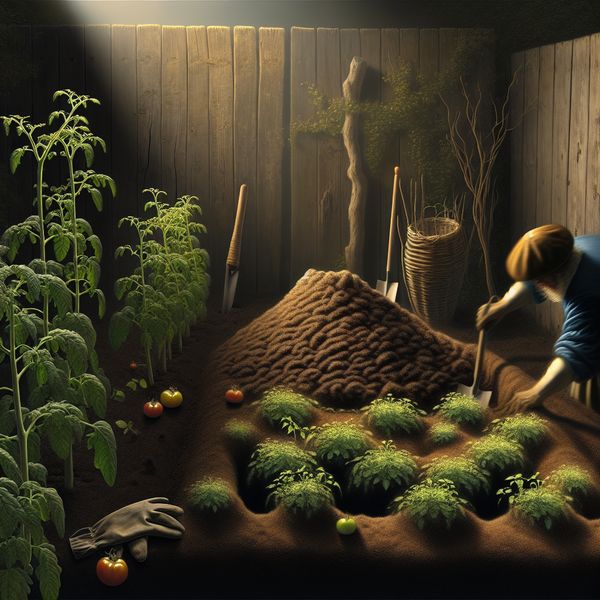 Tuinier plant jonge tomatenzaailingen in vruchtbare aarde in een serene tuin met diffuus licht
