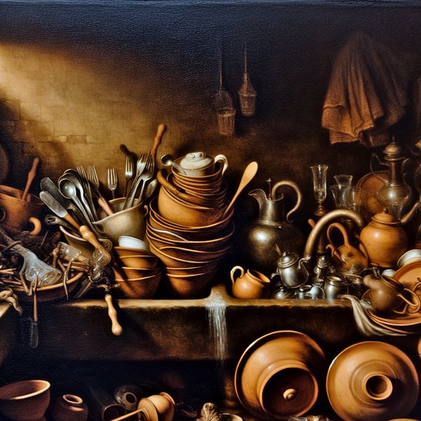 Vuile vaat in de keuken: realistische Rembrandt-achtige schilderij van een rommelige gootsteen Realistische keukenscène in Rembrandt-stijl met dramatische belichting en een volle gootsteen met vuile vaat na het eten