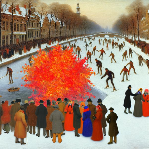 Vurige herfstbladeren in winterlandschap - Nederlandse schilderkunst stijl Avercamp Levendige wintertafereel met schaatsers op een bevroren kanaal en opvallende herfstbladeren met vurige rode en oranje kleuren
