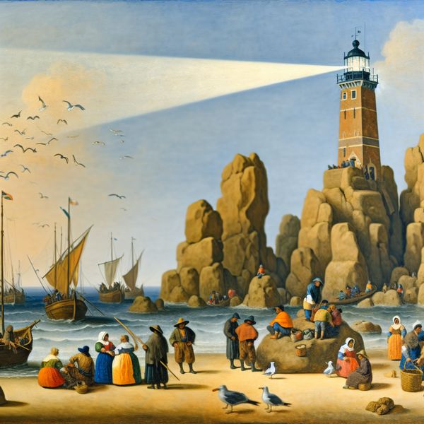Vuurtoren bij zonsondergang - Veiligheid voor scheepvaart Een levendig kustlandschap met een vuurtoren op een rotsachtige klif die licht uitstraalt naar schepen die de haven naderen.