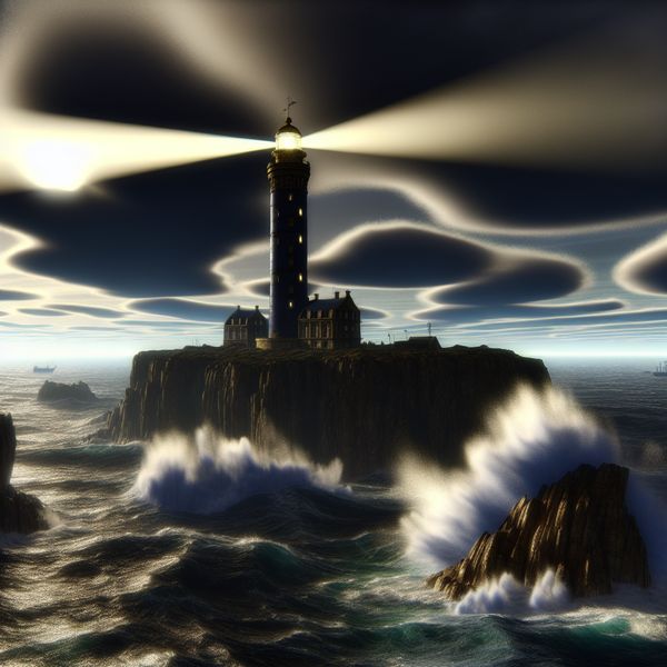 Verlichte Vuurtoren op Klif - Navigatie Schilderij Een elegante vuurtoren op een rotsachtige klif, verlicht door een warme gloed in een woelige zee.