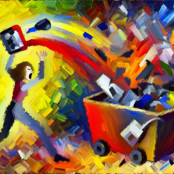 Abstracte voorstelling van een persoon die uit frustratie een kapotte smartphone in een overvolle prullenbak gooit, symboliserend dat iets waardeloos is
