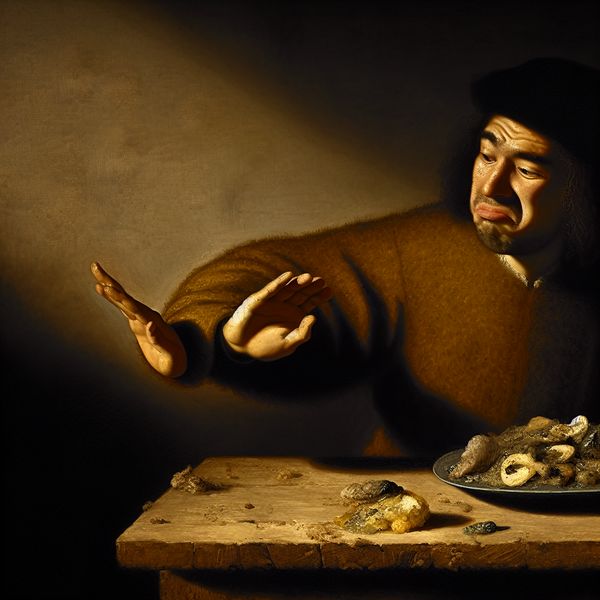 Waardeloos voedsel: dramatische illustratie van afkeer en nutteloosheid in Rembrandt-stijl Gedetailleerde schilderij in Rembrandt-stijl van een persoon die met afkeer een bord met bedorven, waardeloos voedsel wegduwt