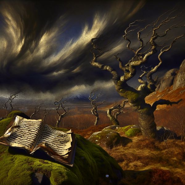 Onzinnig werk in dramatisch landschap - symboliek voor slechte tekst Stormachtig landschap met een verlaten boek vol onbegrijpelijke tekst, symbool voor waardeloos of onzinnig werk in de stijl van Jacob van Ruisdael