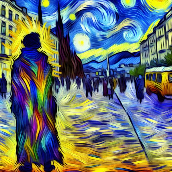 Zicht op een Bedroefd Persoon met Symboliek van Waardeloosheid Een kleurige, versleten lap stof op een druk stadsplein, symboliseert gevoelens van verloedering en waardeloosheid in contrast met voorbijgangers.