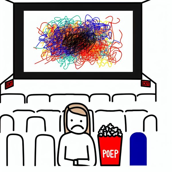 Waardeloze film ervaring - minimalistische illustratie voor taalgebruik Minimalistische illustratie van een teleurgesteld persoon in een bioscoop met een lege popcornbak met het woord 'poep', kijkend naar een chaotische film op het scherm, symboliserend dat iets waardeloos is