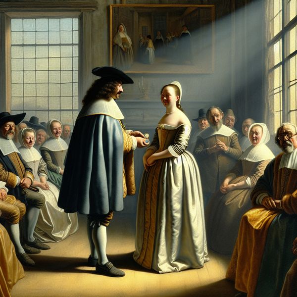 Waardering tonen: ceremonie medaille-uitreiking in Vermeer-stijl 17e-eeuwse ceremonie waarin een burgemeester een medaille uitreikt aan een bescheiden vrouw als teken van waardering, in de stijl van Johannes Vermeer