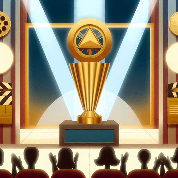 Illustratie van een prestigieus filmfestival met een gouden trofee op het podium, omringd door applaudisserend publiek en filmsymbolen zoals een filmrol en klapperbord