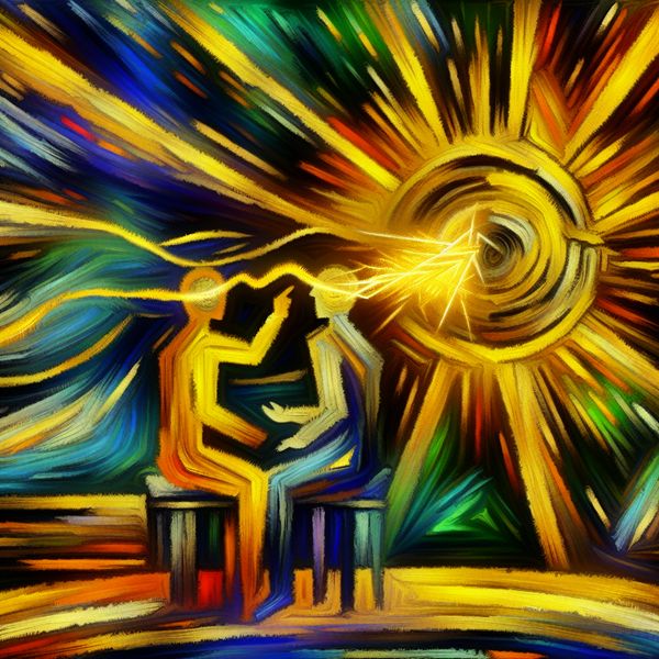 Waardevol advies als gouden licht: abstracte voorstelling van kostbare begeleiding Abstract expressionistisch schilderij van een persoon die waardevol advies ontvangt, weergegeven als gouden lichtdraden die gedachten verlichten