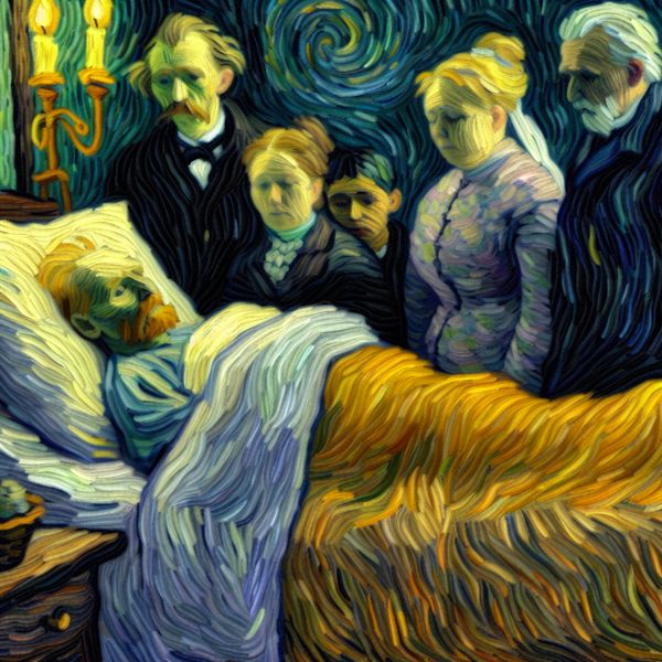 Serene sterfbedscène in Van Gogh-stijl met warme kleuren en familieleden, symboliserend waardig overlijden