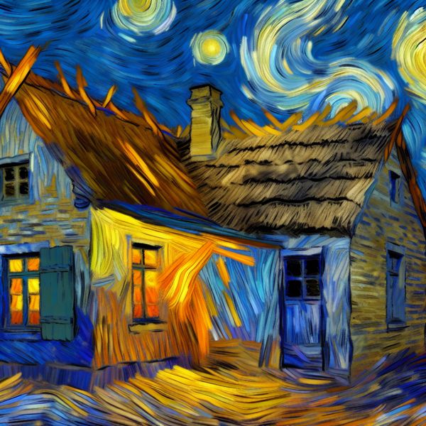 Kleurrijk Van Gogh-achtig schilderij van een oud huis met een open raam dat het concept 'waarin' in een bijzin illustreert