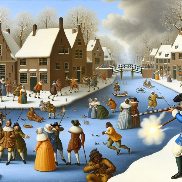 17e-eeuws Nederlands wintertafereel van Hendrick Avercamp met een soldaat die een waarschuwingsschot lost met een musket, omringd door schaatsers en dorpsbewoners