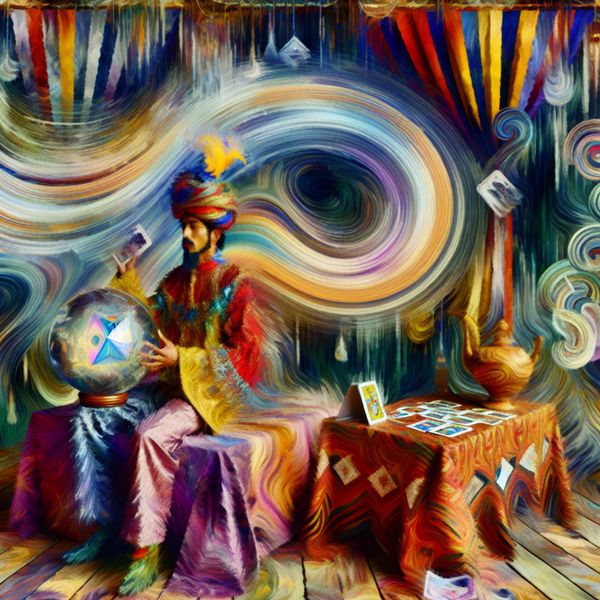 Waarzegster met Kristallen Bol en Tarotkaarten Een waarzegster in een etherische sfeer die in een kristallen bol kijkt, omringd door tarotkaarten en kleurrijke stoffen.