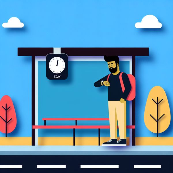 Wachten op de bus: een minimalistisch beeld Een persoon staat bij een bushalte en kijkt op hun horloge met een bezorgde uitdrukking, wat het wachten symboliseert.