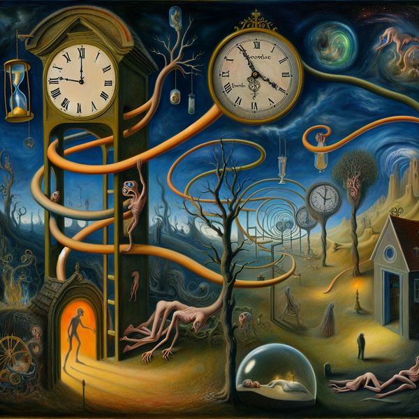 Surrealistisch klokkentorenuurwerk in de stijl van Jheronimus Bosch met vreemde wezens die tijd symboliseren, wachtend tot acht uur