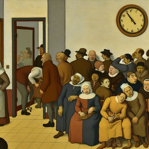 Wachttijd bij de dokter: humoristische scène in Jan Steen-stijl Drukke wachtkamer bij de dokter met ongeduldige patiënten, een grote klok en gesloten deur, geïnspireerd op de stijl van Jan Steen