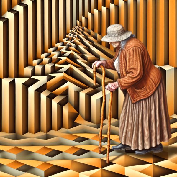 Wandelstok als steun: surrealistische voorstelling van afhankelijkheid en balans Oudere vrouw leunt op houten wandelstok in surrealistisch trappenhuis met optische illusie, geïnspireerd op M.C. Escher