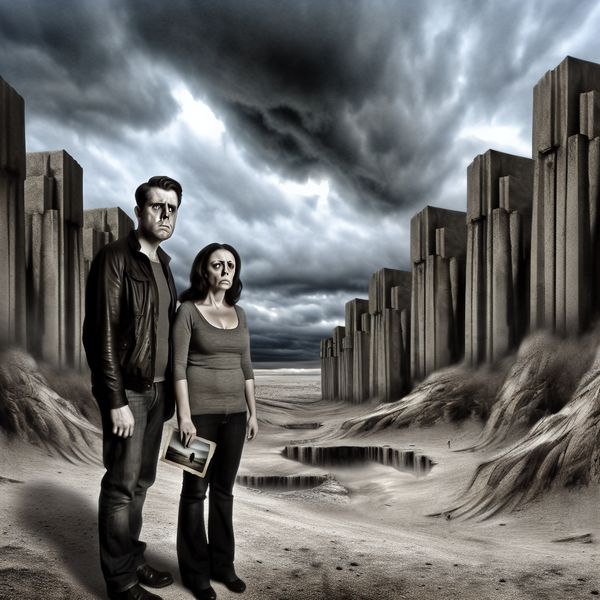 Een beeld van een paar wanhopige ouders in een desolate, surrealistische omgeving met hoge, eerie architectuur, reflecterend hun wanhoop.