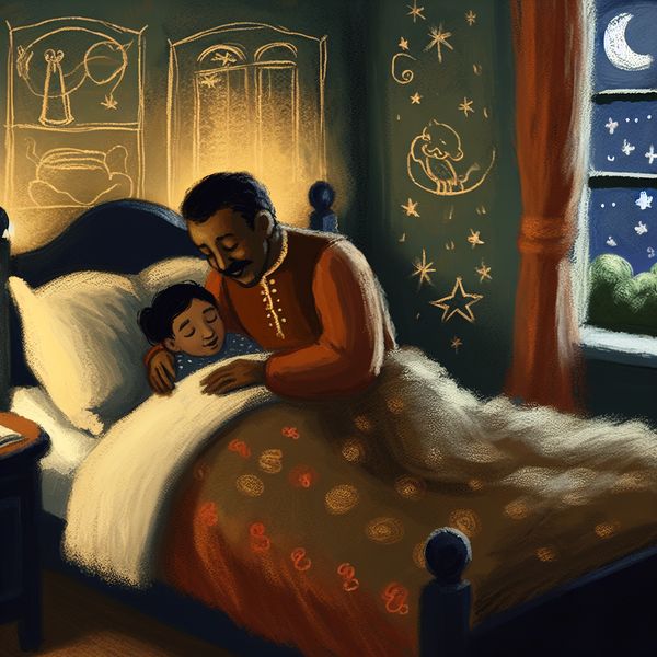 Warme en gezellige slaapkamer met ouder en kind Een ouder die hun kind liefdevol in bed stopt in een sfeervolle slaapkamer.