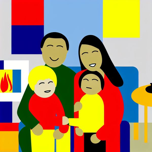 Hartverwarmende gezinsillustratie - samen thuis in warme sfeer Minimalistische illustratie van een warm gezinsmoment met ouders die hun kinderen omhelzen in een knusse woonkamer, in de stijl van Dick Bruna