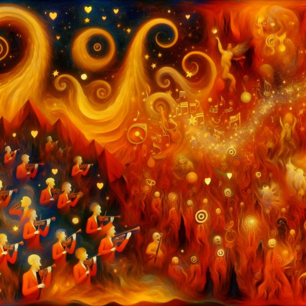 Warme emotie in muziek: surrealistisch orkest met gouden klanken en gevoel Surrealistisch muzieklandschap in warme gouden tinten met emotionele geluidsgolven, geïnspireerd op Hieronymus Bosch, waarin menselijke en fantasiewezens intens muziek maken en emoties uitdrukken