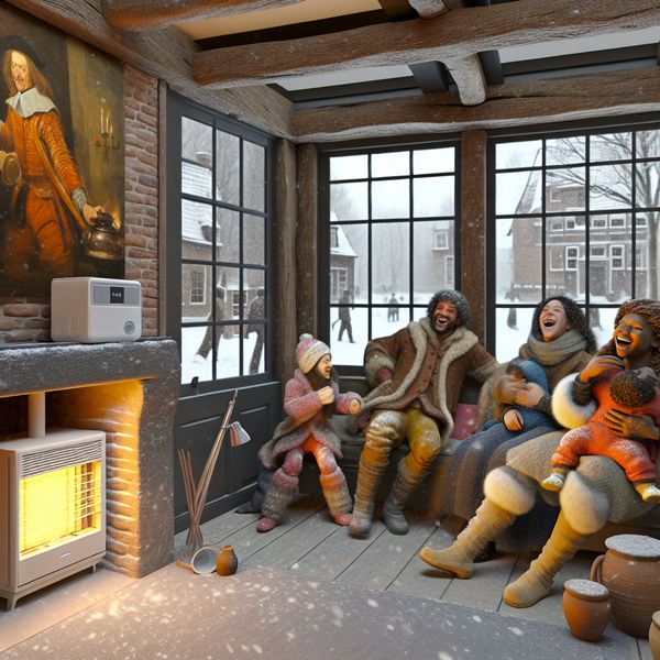 Warme woonkamer met moderne warmtepomp en sfeervol gezin Gezellige woonkamer met een moderne warmtepomp tijdens de winter, sneeuw zichtbaar buiten.