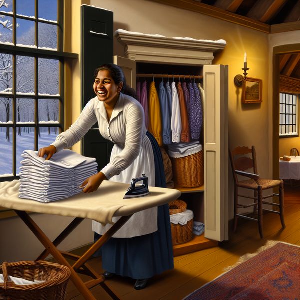 Wasgoed Vouwen in een Gezellige Nederlandse Woning Een persoon vouwt tevreden net gestreken shirts in een warm winterse Nederlandse woning.