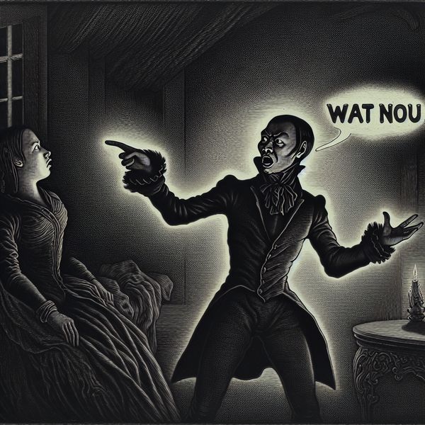 Wat nou uitdrukking in spreektaal voor nadruk en emotionele versterking Dramatische illustratie van een confronterende scène met de uitdrukking 'Wat nou', gebruikt om nadruk te leggen in spreektaal, in een donkere, gotische stijl