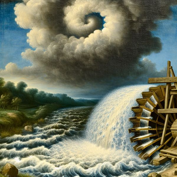 Watermolen energie: kracht van natuur en techniek in Nederlandse landschapsschilderkunst 17e-eeuwse Nederlandse watermolen met kolkende rivier en dramatische lucht, die de kracht van natuurlijke energie illustreert in de stijl van Jacob van Ruisdael