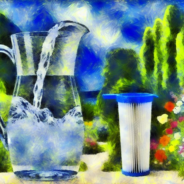 Een glazen schenkkan met helder water en een filter op de voorgrond, op de achtergrond een levendig natuurlandschap met bloemen en groen.