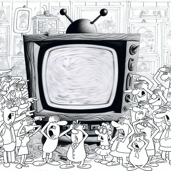 Cartoonachtige scène met een groep expressieve personages die gefrustreerd naar een wazig of gepixelde schermbeeld op een grote monitor of smartphone kijken, in de stijl van Marten Toonder