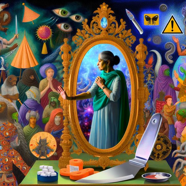Wederkerende werkwoorden en zelfzorg symboliek in surrealistische spiegelreflectie Surrealistisch schilderij in de stijl van Hieronymus Bosch met een persoon voor een spiegel die zelfzorg en voorzichtigheid symboliseert, met wederkerende handelingen zoals 'zorg voor jezelf' en 'doe jezelf geen pijn'