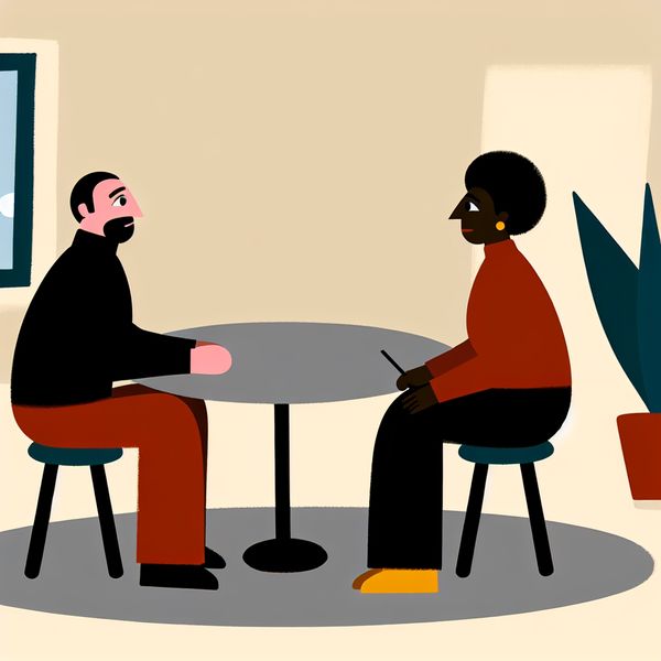 Illustratie van een Wederzijds Begrip Gesprek Tussen Twee Personen Twee mensen zitten aan een ronde tafel en voeren een gesprek in een eenvoudige, lichte ruimte.