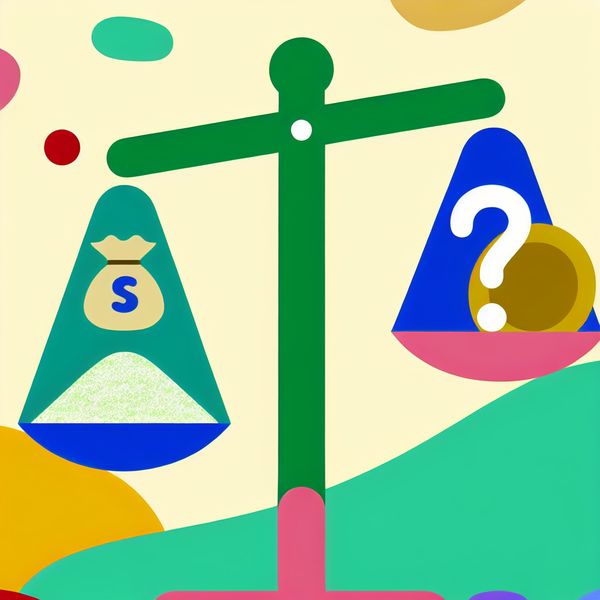 Vrolijke illustratie van een weegschaal die waarde en intensiteit weergeeft Een kleurrijke illustratie van een weegschaal met een zakje suiker, een gouden munt en een vraagteken, die de waarde en intensiteit symboliseert.
