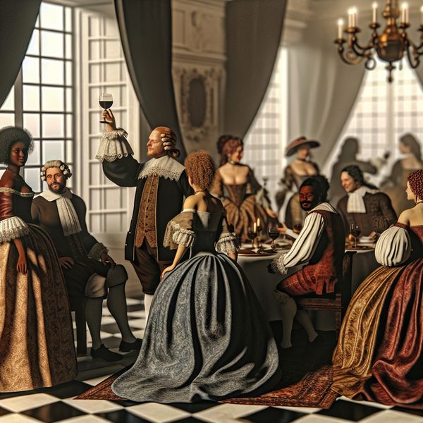 Elegant 17e-eeuws tafereel van een groep mensen die het begin van het weekend vieren met wijn en gesprekken in een sfeervolle, luxueuze kamer