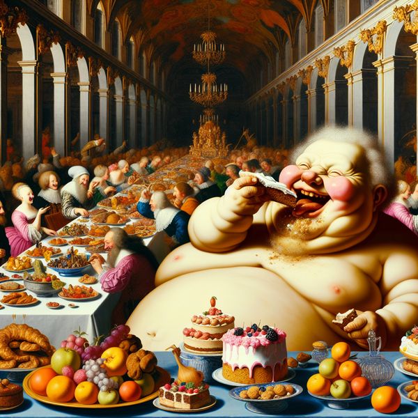 Weelderig Buffet met Vrolijke Eetervaring Een vrolijke figuur eet enthousiast een grote plak cake tijdens een weelderig buffet met kleurrijke gerechten.