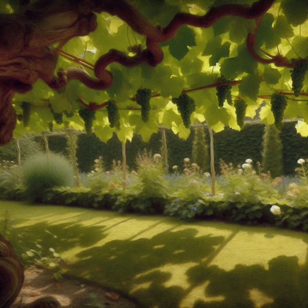 Luxe tuin met een wijnstok vol druiven in het zonlicht