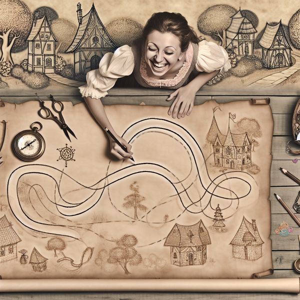 Schematische tekening van een routekaart in romantische stijl Een vogelperspectief van een jonge vrouw die een routekaart op perkament tekent, omringd door artistieke gereedschappen in een charmante vintage omgeving.