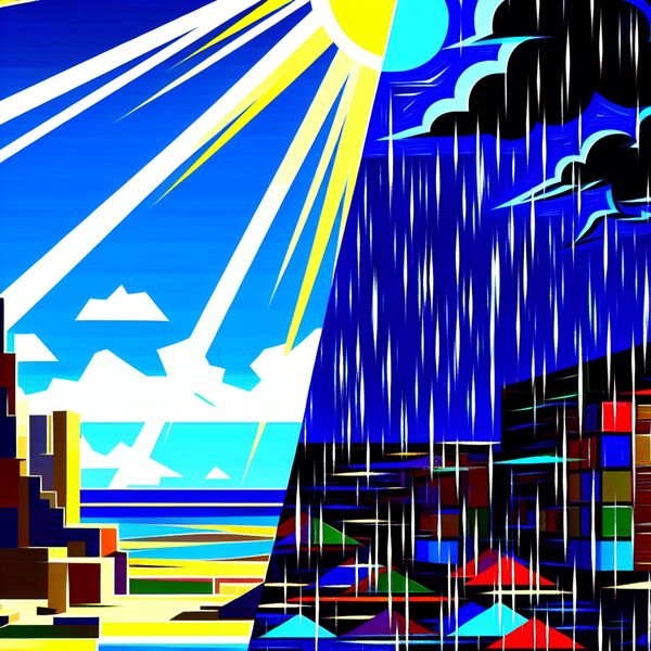 Weerscène van mogelijkheden en verandering Een opvallend beeld van een weermaalscène die mogelijkheden en verandering symboliseert, met een futuristische stad en een gesplitst landschap tussen zonneschijn en regen.