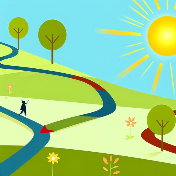 Weg naar Succes - Minimalistische Illustratie Minimale illustratie van een kronkelige weg die naar een heldere horizon leidt, met kleurrijke bomen en bloemen.