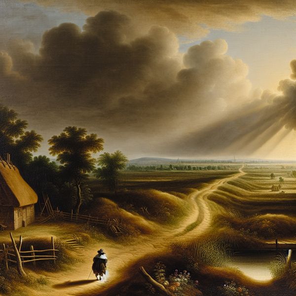 Weggaan in een Hollands landschap - emotioneel afscheid en vertrek in de stijl van Jacob van Ruisdael 17e-eeuws Hollands landschap met eenzame figuur die een huis verlaat via een kronkelend pad, symboliserend afscheid en weggaan